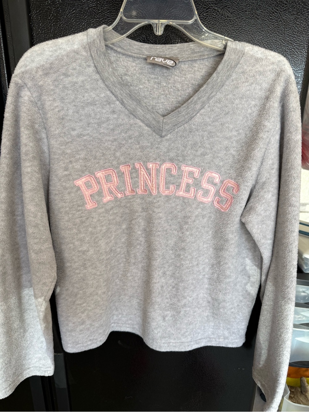 rave Gray V-Neck Sweatshirt with Pink Embroidered Logo